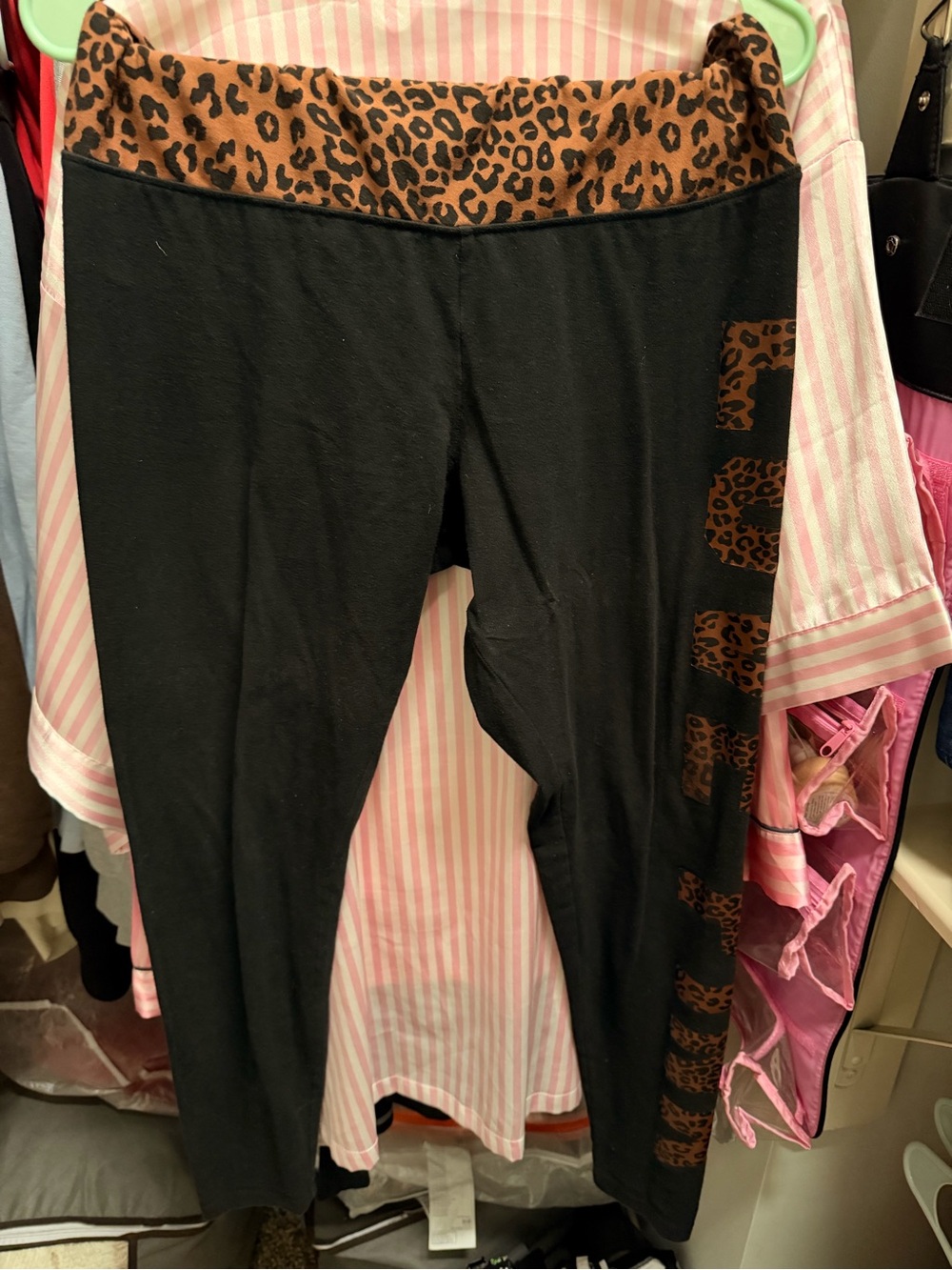 PINK Victoria's Secret Black Leggings with Brown Leopard Waistband